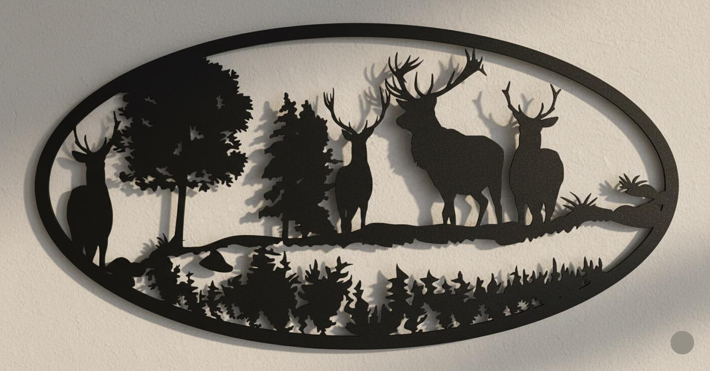 Premium Deer, Mountain and Countryside Landscape Metal Wall Decor
