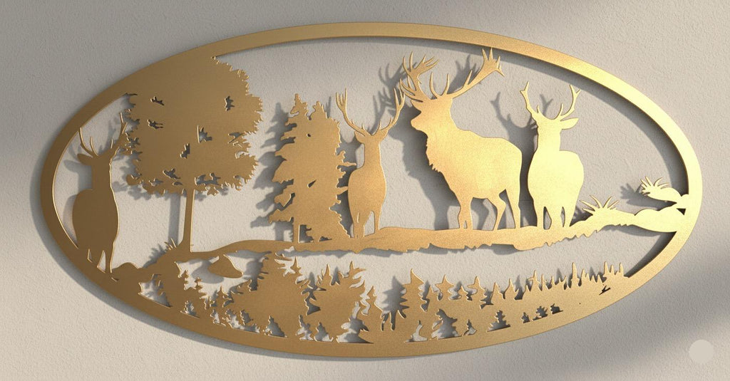 Premium Deer, Mountain and Countryside Landscape Metal Wall Decor