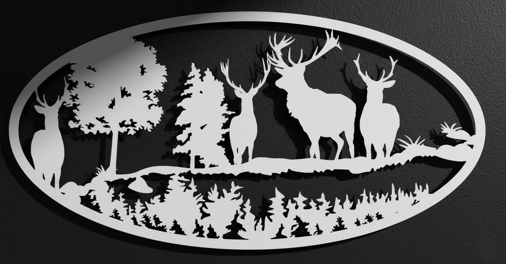 Premium Deer, Mountain and Countryside Landscape Metal Wall Decor