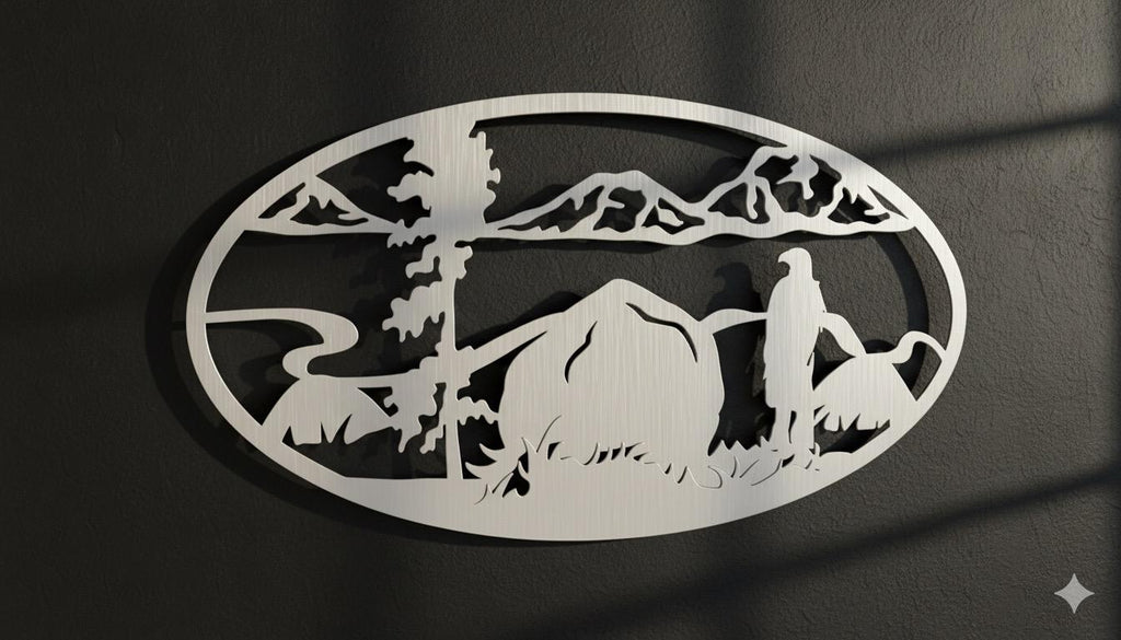 Premium Eagle, Mountain and River Silhouette Metal Wall Decor