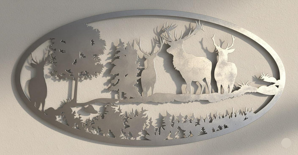 Premium Deer, Mountain and Countryside Landscape Metal Wall Decor