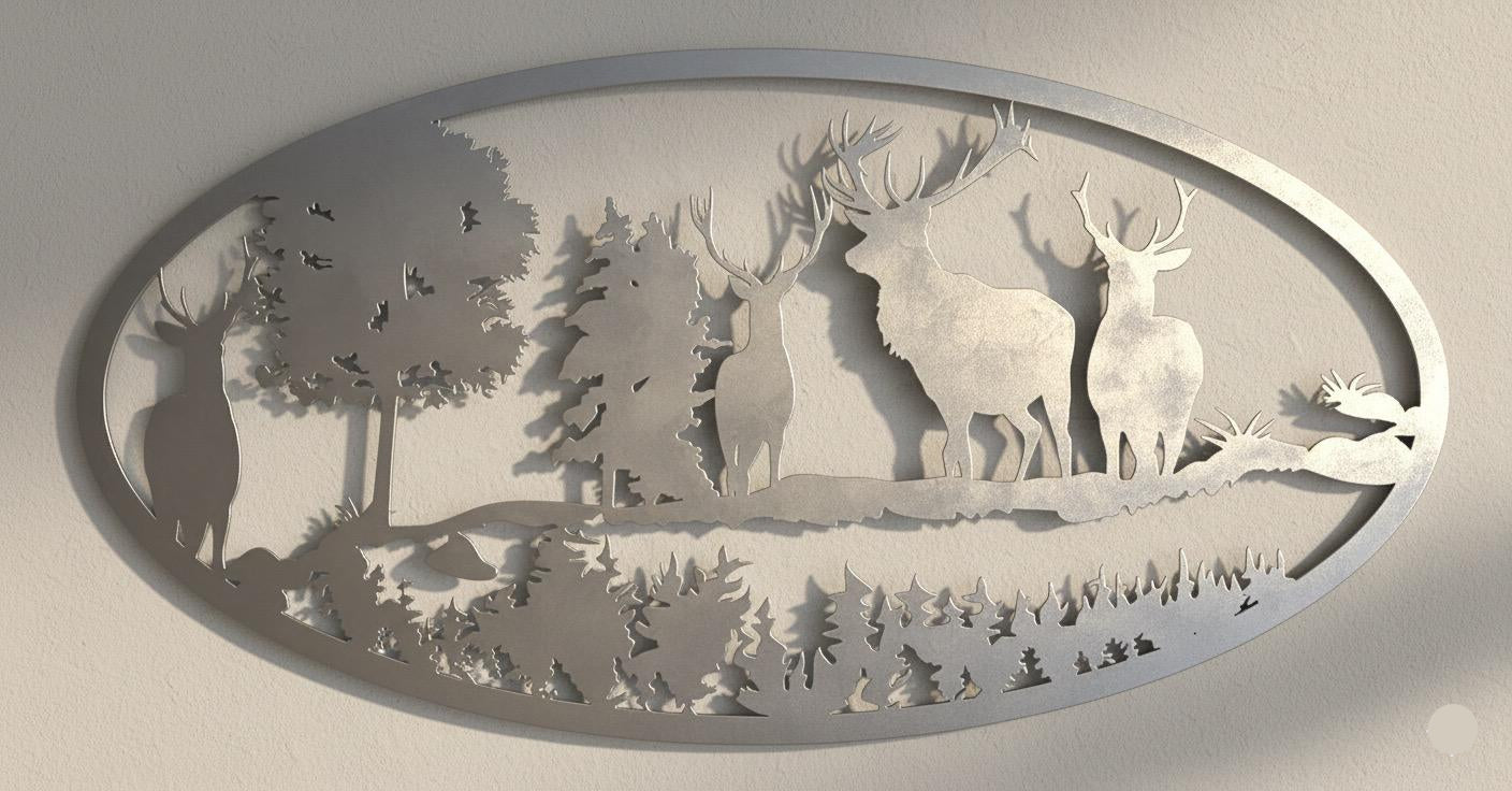 Premium Deer, Mountain and Countryside Landscape Metal Wall Decor