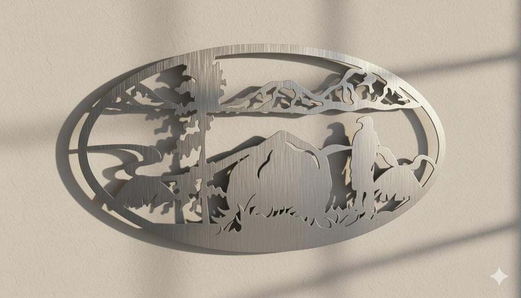 Premium Eagle, Mountain and River Silhouette Metal Wall Decor