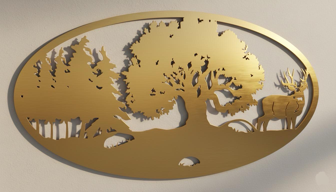 Premium Deer, Oak Tree & Mountain Silhouette Metal Wall Art
