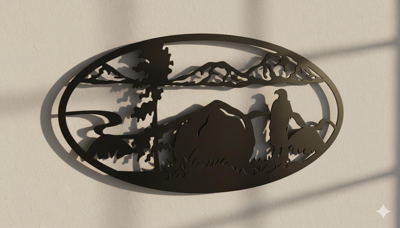 Premium Eagle, Mountain and River Silhouette Metal Wall Decor