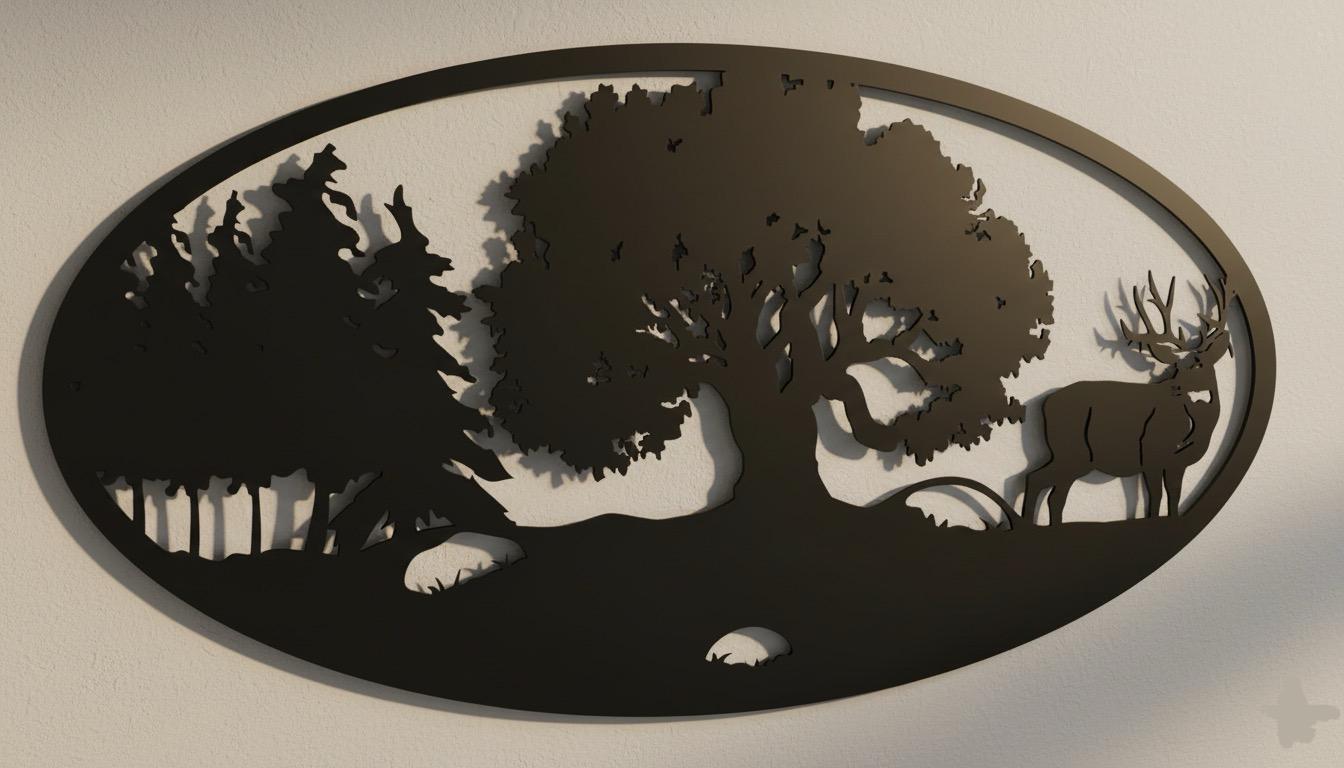 Premium Deer, Oak Tree & Mountain Silhouette Metal Wall Art
