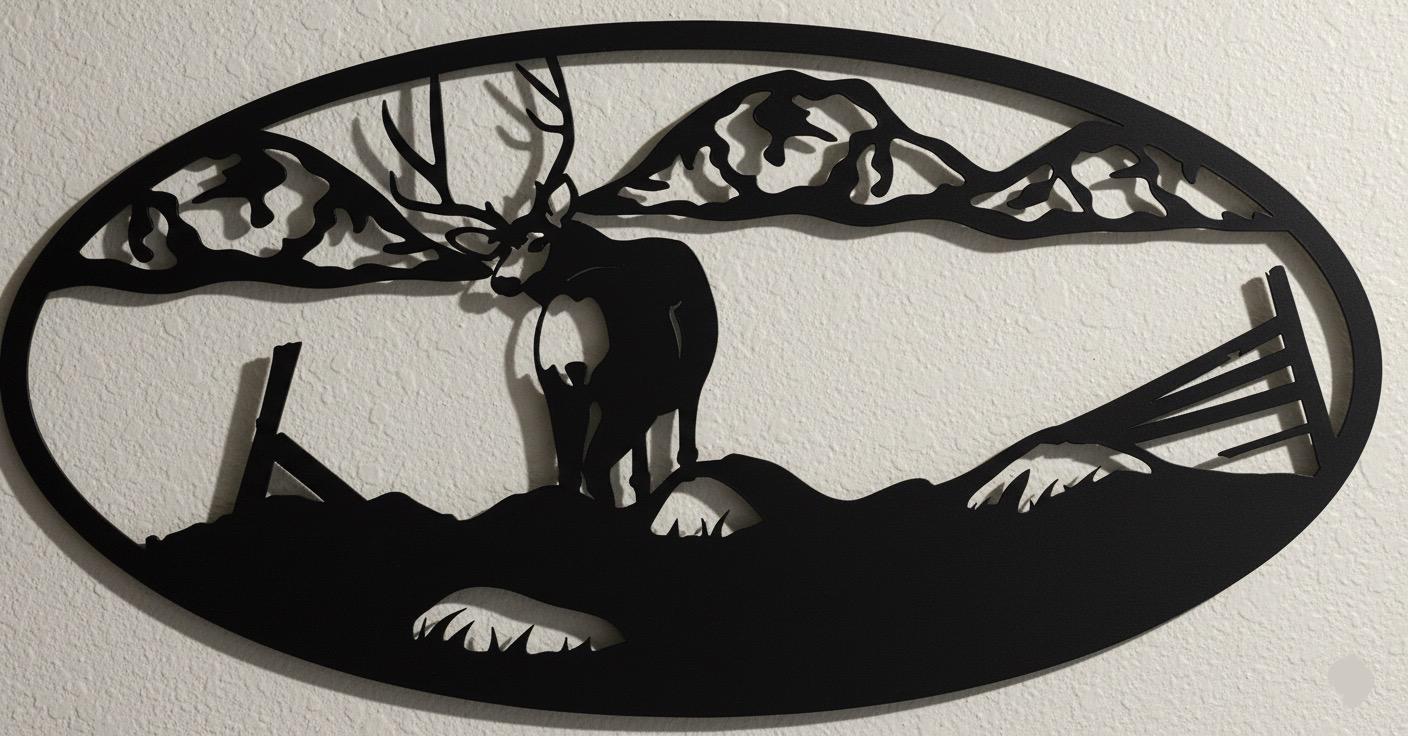 Premium Mountain,Deer & Countryside Landscape Metal Wall Art