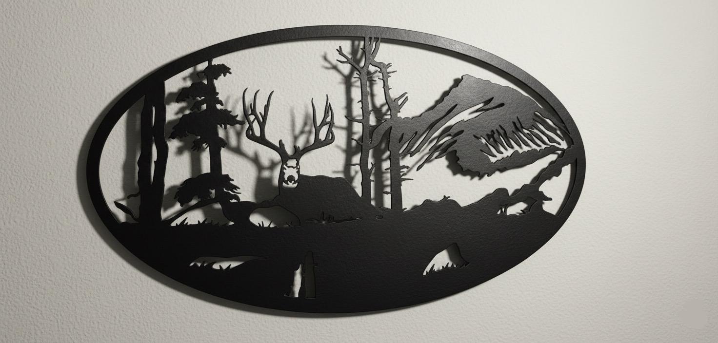Premium Mountain,Deer & Forest Silhouette Metal Wall Art