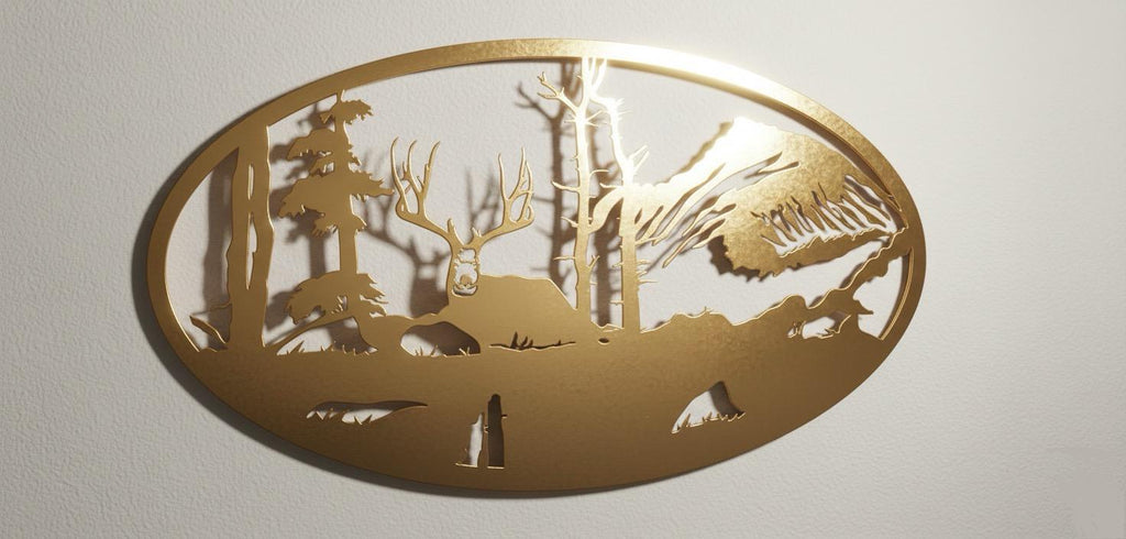 Premium Mountain,Deer & Forest Silhouette Metal Wall Art