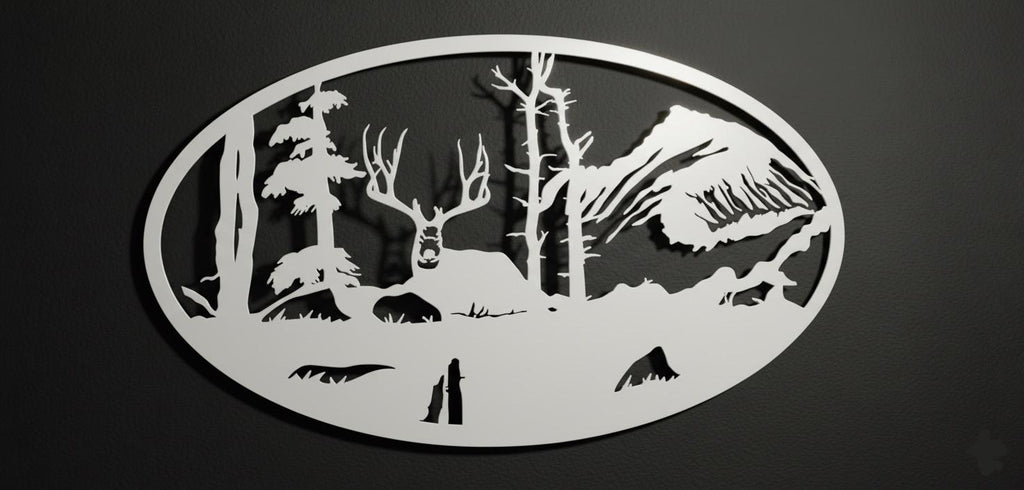 Premium Mountain,Deer & Forest Silhouette Metal Wall Art