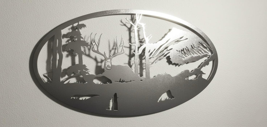 Premium Mountain,Deer & Forest Silhouette Metal Wall Art