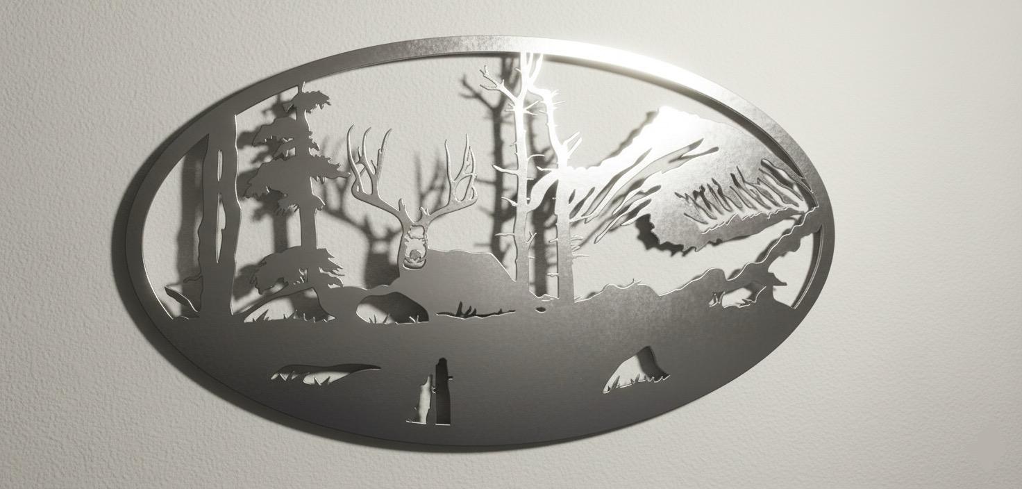 Premium Mountain,Deer & Forest Silhouette Metal Wall Art