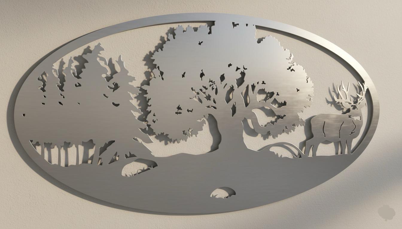 Premium Deer, Oak Tree & Mountain Silhouette Metal Wall Art