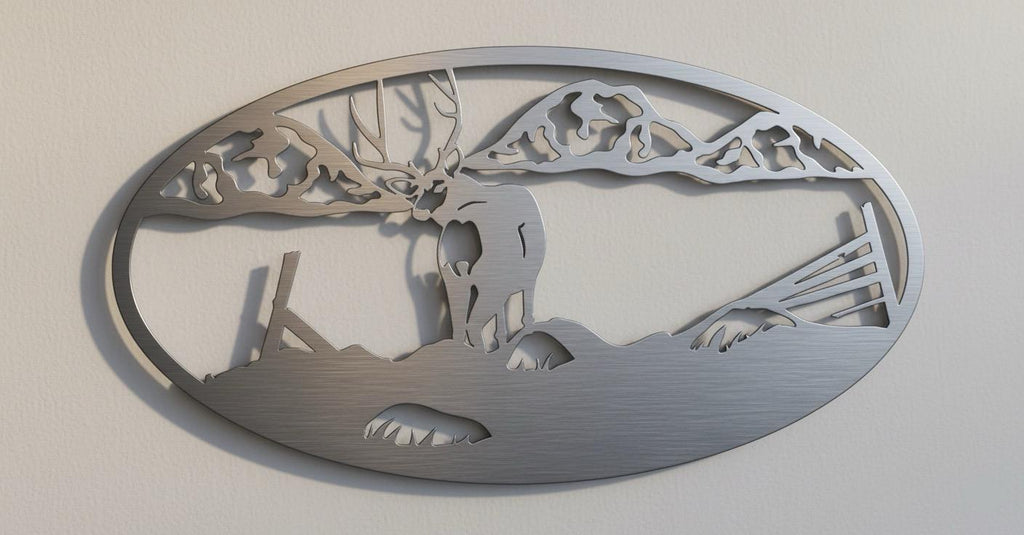 Premium Mountain,Deer & Countryside Landscape Metal Wall Art
