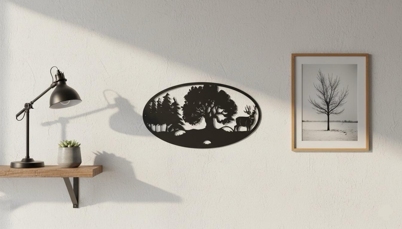 Premium Deer, Oak Tree & Mountain Silhouette Metal Wall Art