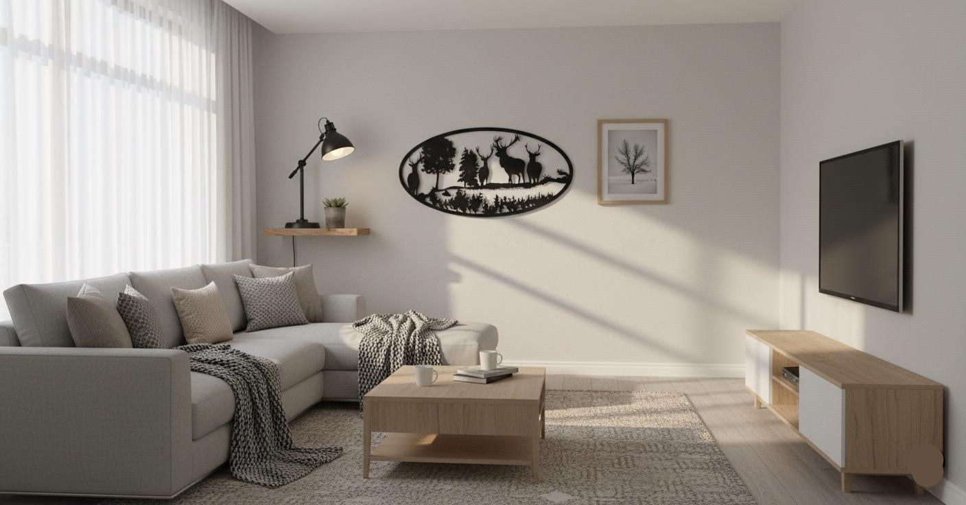 Premium Deer, Mountain and Countryside Landscape Metal Wall Decor