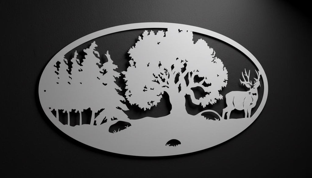 Premium Deer, Oak Tree & Mountain Silhouette Metal Wall Art