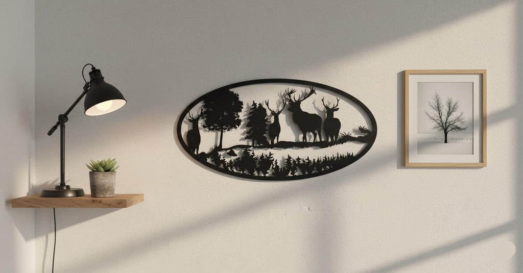 Premium Deer, Mountain and Countryside Landscape Metal Wall Decor