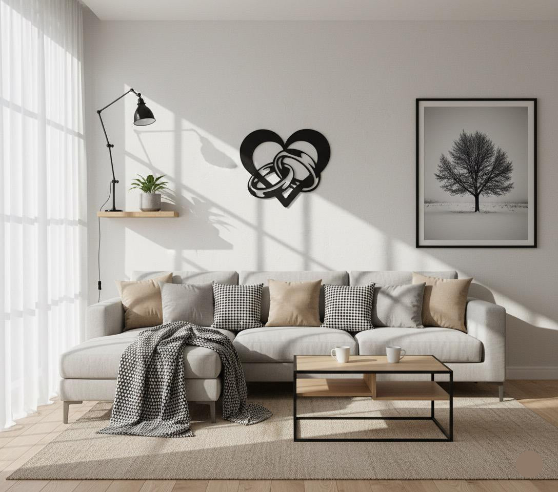 Premium Heart and Interlocked Rings Metal Wall Decor